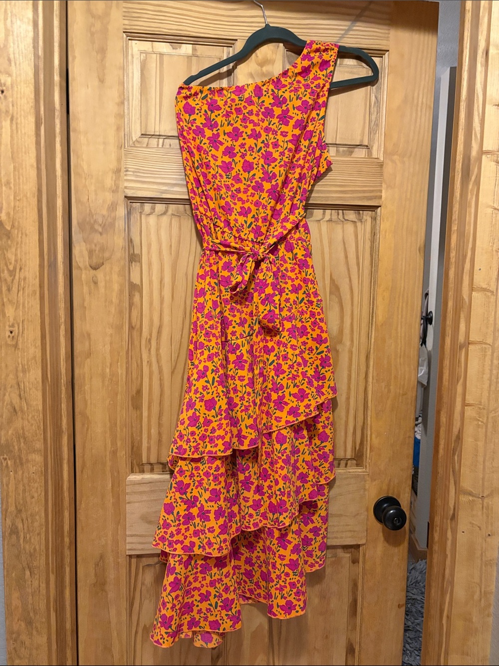One-Shoulder Ruffle Tiered Dress in Orange and Pink